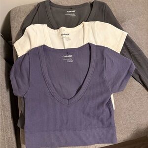 Three Garage ribbed cropped shirts. One long sleeve, two short sleeve. All P/S